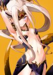  1girl alternate_eye_color armpits arms_behind_head arms_up bangs bare_shoulders blush breasts bustier claws collarbone cosplay eyepatch fate/grand_order fate/kaleid_liner_prisma_illya fate_(series) gorgon_(fate) gorgon_(fate)_(cosplay) illyasviel_von_einzbern long_hair looking_at_viewer medusa_(fate) mochi_(k620803n) monster_girl navel one_eye_covered parted_bangs ponytail purple_eyes scales sidelocks small_breasts smile snake_tail tail white_hair yellow_background 