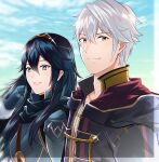  1boy 1girl ameno_(a_meno0) blue_eyes blue_hair brown_eyes fire_emblem fire_emblem_awakening hair_between_eyes long_hair looking_at_viewer lucina_(fire_emblem) robin_(fire_emblem) robin_(fire_emblem)_(male) short_hair sky smile symbol-shaped_pupils tiara upper_body white_hair 