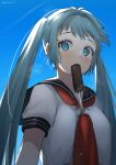  1girl absurdres aqua_eyes aqua_hair blue_sky blush eyelashes food hatsune_miku highres iramiikaiiri looking_at_viewer mouth_hold neckerchief no_headgear popsicle red_neckwear sailor_collar sailor_shirt school_uniform serafuku shirt sky solo summer summer_uniform sweat twintails upper_body vocaloid 