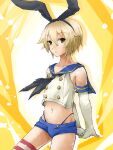  1boy blonde_hair brown_eyes elbow_gloves expressionless fudeyama_(fudeco) g-string genderswap genderswap_(ftm) gloves kantai_collection navel shimakaze-kun shimakaze_(kancolle) short_hair short_shorts shorts solo thong 