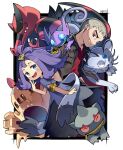  1boy 1girl acerola_(pokemon) alolan_form alolan_persian armlet banette bangs black_jacket blush commentary_request dress flipped_hair gen_3_pokemon gen_5_pokemon gen_7_pokemon grey_dress grey_eyes grey_hair hair_ornament hairclip highres jacket krookodile medium_hair mitsu_(mitu_328) multicolored multicolored_clothes multicolored_dress nanu_(pokemon) open_clothes open_jacket open_mouth palossand pokemon pokemon_(creature) pokemon_(game) pokemon_sm purple_hair red_eyes red_shirt sableye shirt short_sleeves signature smile smirk stitches teeth tongue topknot torn_clothes torn_dress 
