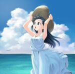  1girl :o bird black_hair blue_eyes blue_sky brown_headwear cloud cloudy_sky commentary_request day dress hands_on_headwear hat highres horizon ikeda_jun_(mizutamari) long_dress long_hair looking_to_the_side ocean open_mouth original outdoors redrawn sky sleeveless sleeveless_dress solo standing straw_hat sun_hat water white_dress wind wind_lift 