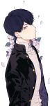  1boy black_hair black_jacket blue_eyes buttons flower frown gakuran haikyuu!! highres jacket kageyama_tobio long_sleeves looking_at_viewer male_focus mgmg_1012 open_clothes open_jacket petals profile school_uniform shirt short_hair solo standing white_shirt 