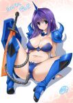  1girl armor bikini_armor blue_bow blue_bra blue_eyes blue_panties blush bow bow_panties bra braid breasts cleavage dated full_body gouf gundam kanon large_breasts long_hair mecha_musume minase_akiko mitarashi_kousei mobile_suit_gundam navel panties pauldrons purple_hair shield shoulder_armor single_braid sitting smile solo spread_legs sword underwear weapon 