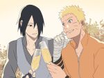  2boys alcohol bandages bangs black_eyes black_hair blonde_hair blue_eyes boruto:_naruto_next_generations cubur cup drinking_glass fingerless_gloves gloves grey_shirt grey_vest grin hair_over_one_eye hand_on_own_chin highres holding holding_cup leaf long_sleeves looking_at_another multiple_boys naruto_(series) open_mouth orange_shirt outdoors shirt short_hair smile sunrise teeth uchiha_sasuke uzumaki_naruto vest wine wine_glass 