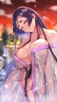  1girl bangs bare_shoulders breasts cleavage collarbone fate/grand_order fate_(series) gradient_sky highres japanese_clothes kimono large_breasts long_hair long_sleeves looking_at_viewer minamoto_no_raikou_(fate) off_shoulder orange_sky parted_bangs purple_eyes purple_hair sky smile solo twilight very_long_hair wet white_kimono zumizu 