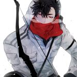  1boy bangs black_hair bow_(weapon) breath coat fur_trim gloves haikyuu!! hair_between_eyes highres holding holding_bow_(weapon) holding_weapon hood hood_up kuroo_tetsurou looking_to_the_side male_focus mgmg_1012 outdoors red_eyes scarf solo weapon winter winter_clothes winter_coat 