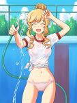  1girl arm_up bangs blonde_hair blue_sky bralines chain-link_fence closed_eyes cloud cloudy_sky commentary_request commission cowboy_shot crotch_seam day drill_locks empty_pool eyebrows_visible_through_hair facing_viewer fence gym_shirt gym_uniform holding holding_hose hose idolmaster idolmaster_cinderella_girls lielos navel no_pants ohtsuki_yui open_mouth outdoors panties partial_commentary pixiv_request pool see-through shirt short_hair_with_long_locks short_sleeves sky smile solo standing tied_hair tied_shirt underwear water wet wet_clothes wet_shirt white_panties 