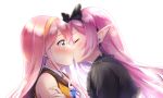  2girls blush closed_eyes commentary_request elto_0079 eyebrows_visible_through_hair green_eyes highres kiss long_hair multiple_girls original pink_hair pointy_ears simple_background white_background yuri zukyuun 
