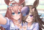  2girls absurdres ahoge animal_ears black_hair blue_eyes blue_flower blue_rose blurry blurry_background blush brown_hair closed_mouth collarbone drawn_ears drawn_whiskers flower hair_between_eyes hair_over_one_eye hairband hat highres horse_ears long_hair looking_at_viewer metal_hairband mihono_bourbon_(umamusume) mini_hat multiple_girls ooeyama open_mouth purple_eyes reaching_out rice_shower_(umamusume) rose school_uniform selfie short_sleeves smile tracen_school_uniform umamusume upper_body v 