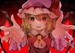  1girl ascot bangs blonde_hair bow commentary crystal eyebrows_visible_through_hair flandre_scarlet frilled_shirt_collar frills gradient gradient_background hat hat_bow hat_ribbon highres leaning_forward looking_at_viewer mob_cap open_mouth outstretched_hand reaching_out red_background red_bow red_eyes red_ribbon red_shirt red_theme ribbon shirt short_hair short_sleeves side_ponytail sidelocks smile solo tamagogayu1998 touhou upper_body wavy_hair white_headwear wings yellow_neckwear 