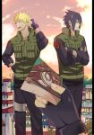  3boys :d arm_behind_head black_eyes black_gloves black_hair black_pants black_shirt blonde_hair blue_eyes book city closed_mouth cloud cloudy_sky crossed_arms fingerless_gloves fingernails gloves hand_on_hip hatake_kakashi holding holding_book long_hair long_sleeves looking_to_the_side midorikawamamoru multiple_boys naruto naruto_(series) open_mouth outdoors pants shirt short_hair sky smile sunset uchiha_sasuke uzumaki_naruto vest 