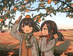  1girl 2girls autumn black_hair blue_sky cold food fruit gloves highres jacket leaf multiple_girls orange_(fruit) original persimmon ponytail scarf sky tree zinbei 