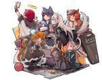  1boy 5girls :d absurdres animal animal_ears arknights bird black_dress black_footwear black_hair black_jacket black_shorts black_sleeves black_tank_top boots cat cat_ears cat_girl cat_tail commentary cow_horns croissant_(arknights) dress ear_piercing english_commentary exusiai_(arknights) eyewear_on_head fang full_body green_eyes grey_eyes grey_hair halo highres holding holding_paper hood hood_down horns jacket jumbowhopper lappland_(arknights) long_hair mousse_(arknights) multicolored_hair multiple_girls multiple_tails no_wings off_shoulder open_clothes open_jacket open_mouth orange_hair paper penguin piercing red_hair selfie shield short_hair shorts sideways_mouth simple_background smile squatting standing streaked_hair sunglasses tail tank_top texas_(arknights) the_emperor_(arknights) v visor white_background white_hair white_headwear white_jacket wolf_ears wolf_girl wolf_tail writing yarn yarn_ball 