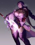  1girl braid braided_ponytail breasts cleavage eu03 genshin_impact gradient gradient_background grey_background highres holding holding_sword holding_weapon large_breasts long_hair looking_away open_mouth purple_eyes purple_hair purple_legwear raiden_shogun revision solo standing sword thighhighs weapon 