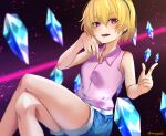  1girl aona_(anagasaki) belt blonde_hair blush breasts crossed_legs crystal hairband higurashi_no_naku_koro_ni houjou_satoko looking_at_viewer open_mouth red_eyes short_hair shorts smile solo 