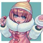  :d andou_ruruka bangs blue_eyes bow breasts cake commentary_request danganronpa_(series) danganronpa_3_(anime) esu_(tasoesu) food fruit fur-trimmed_jacket fur_trim green_background hat highres holding holding_food holding_fruit holding_plate jacket looking_at_viewer medium_breasts open_mouth pink_bow pink_hair pink_jacket plate short_hair smile solo strawberry upper_body upper_teeth white_background 