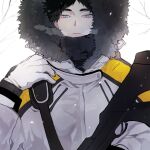  1boy akaashi_keiji black_hair blue_eyes breath coat fur_trim gloves gun haikyuu!! highres holding holding_gun holding_weapon hood hood_up looking_at_viewer male_focus mgmg_1012 outdoors short_hair solo weapon winter winter_clothes winter_coat 