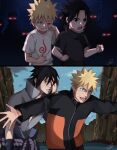  2boys :o bangs black_eyes black_hair black_shirt blonde_hair blue_eyes blue_skirt cloud cloudy_sky crying crying_with_eyes_open cubur glowing glowing_eyes grey_jacket hand_on_own_face highres jacket long_sleeves multiple_boys naruto naruto_(series) naruto_shippuuden night night_sky open_mouth outstretched_arms protecting shirt short_hair short_sleeves skirt sky tears teeth tree uchiha_sasuke uzumaki_naruto v-shaped_eyebrows white_shirt 