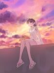  1girl bangs brown_eyes brown_footwear brown_hair closed_mouth cloud cloudy_sky commentary_request dress eyebrows_visible_through_hair highres ikeda_jun_(mizutamari) looking_to_the_side multicolored multicolored_sky orange_sky original outdoors purple_sky redrawn sandals short_dress short_hair sitting sky sleeveless sleeveless_dress solo twilight white_dress 