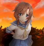  1girl arms_behind_back blue_sailor_collar blue_skirt blush breasts brown_hair cowboy_shot dutch_angle highres higurashi_no_naku_koro_ni junkyard looking_at_viewer medium_breasts neckerchief orange_sky purple_eyes red_sky ryuuguu_rena sailor_collar school_uniform serafuku shirt short_hair sirowanwan skirt sky smile solo sunset white_shirt yellow_neckwear 