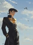  1boy bird black_hair black_jacket black_pants blue_eyes buttons cloud cowboy_shot diamond_wa_kudakenai earrings hand_in_pocket heart higashikata_josuke highres jacket jewelry jojo_no_kimyou_na_bouken male_focus null_(skev7724) pants peace_symbol profile school_uniform shirt sky solo stud_earrings yellow_shirt 