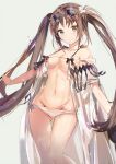  1girl absurdres bangs bare_shoulders bikini bikini_bottom bow breasts brown_hair clenched_hands coat collarbone covered_nipples curled_fingers dedeko eyebrows_visible_through_hair fate/grand_order fate_(series) feet_out_of_frame g-string hair_ornament highres knees_together_feet_apart long_hair looking_at_viewer medium_breasts midriff naval navel parted_bangs see-through sidelocks solo sunglasses swimsuit thigh_gap thighs thong twintails white_bikini white_coat yellow_eyes yu_mei-ren_(fate) yu_mei-ren_(swimsuit_lancer)_(fate) 