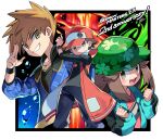  1girl 2boys :d air_bubble baseball_cap black_shirt black_wristband blue_jacket blue_oak brown_eyes brown_hair bubble camouflage camouflage_headwear coat commentary_request fire green_coat green_headwear grin hand_up hands_up hat highres holding holding_poke_ball jacket jewelry leaf_(pokemon) long_sleeves mitsu_(mitu_328) multiple_boys necklace official_alternate_costume open_clothes open_coat open_mouth pants poke_ball poke_ball_(basic) pokemon pokemon_(game) pokemon_masters_ex red_(pokemon) red_coat red_headwear shirt short_hair sleeveless_coat smile spiked_hair teeth tongue upper_teeth wristband 