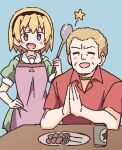  1boy 1girl :d =_= alcohol apron bangs beer blonde_hair blue_background blush blush_stickers character_request closed_eyes collared_shirt commentary_request dress eyebrows_visible_through_hair fang food green_dress hand_on_hip higurashi_no_naku_koro_ni holding houjou_satoko ladle light_brown_hair nekotoufu open_mouth own_hands_together palms_together plate puffy_short_sleeves puffy_sleeves purple_apron purple_eyes red_shirt sailor_collar sailor_dress shirt short_sleeves simple_background smile star_(symbol) white_sailor_collar 
