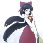  1girl ascot bamboo_broom bare_shoulders black_hair black_wings bow broom commentary_request cosplay detached_sleeves frilled_bow frills hair_bow hakurei_reimu hakurei_reimu_(cosplay) highres holding holding_broom japanese_clothes long_skirt looking_at_viewer miko pointy_ears red_bow red_eyes red_skirt shameimaru_aya shirosato short_hair simple_background skirt solo touhou white_background wide_sleeves wings yellow_neckwear 