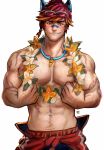  1boy abs animal_ears arm_tattoo bara black_male_swimwear brown_eyes cat_ears clothes_around_waist flower flower_necklace gradient_hair greenteaa grin highres jewelry league_of_legends male_focus male_swimwear multicolored_hair muscular muscular_male navel necklace sett_(league_of_legends) shirt shirt_around_waist short_hair smile solo sweat sweatdrop tattoo teeth whistle whistle_around_neck 