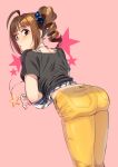  1girl :o ahoge ass black_shirt blue_scrunchie brown_hair casual denim drill_hair dutch_angle eyebrows_visible_through_hair from_behind hair_ornament hair_scrunchie idolmaster idolmaster_million_live! jeans jewelry kamille_(vcx68) layered_clothing looking_back medium_hair midriff necklace pants pink_background print_scrunchie purple_eyes scrunchie shirt side_drill sidelocks simple_background solo standing star_(symbol) star_necklace star_print striped striped_shirt t-shirt tank_top white_shirt yellow_pants yokoyama_nao 