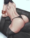  1girl arm_strap arm_support artist_name ass back backboob black_hair black_legwear black_panties breasts couch crossed_arms dutch_angle from_behind hair_over_shoulder highres long_hair medium_breasts on_couch on_pillow panties pieck_finger savagexthicc shingeki_no_kyojin shiny shiny_clothes shiny_hair shiny_skin simple_background solo thick_thighs thighhighs thighs thong toned topless underwear white_background 