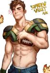  1boy abs alex_(stardew_valley) ball bara brown_hair bruise bruise_on_face bruised_eye closed_mouth green_eyes greenteaa highres holding holding_ball injury looking_at_viewer male_focus male_underwear muscular muscular_male navel one_eye_closed open_pants pants pectorals rugby_ball rugby_uniform short_hair smile solo sportswear stardew_valley sweat sweatdrop underwear wrist_cuffs 