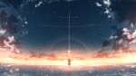  1girl cloud facing_back highres horizon instrument lens_flare original reflection ripples rune_xiao scenery skirt sky solo standing star_(sky) starry_sky sunset water water_world 