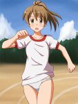  1girl bangs blue_sky blush brown_eyes brown_hair cloud cloudy_sky commentary_request crotch_seam day eyebrows_visible_through_hair gym_shirt gym_uniform lielos looking_at_viewer medium_hair no_pants open_mouth original outdoors panties partial_commentary poniko_(lielos) ponytail running running_track shirt short_sleeves sky solo sweatdrop thigh_gap underwear white_panties white_shirt 