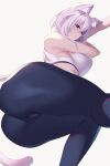  1girl alternate_costume animal_ears ass black_pants bra breasts cat_ears cat_girl cat_tail commentary feet_out_of_frame grey_background hair_between_eyes highres hololive kaneko_(bblogtinhan) large_breasts light_purple_hair light_smile looking_at_viewer lying nekomata_okayu on_side pants parted_lips purple_eyes short_hair simple_background sleeveless solo sports_bra sportswear tail thick_thighs thighs tight tight_pants underwear virtual_youtuber white_bra yoga_pants 