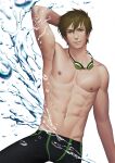  1boy abs brown_hair free! goggles goggles_around_neck green_eyes jammers male_focus male_swimwear navel nipples pectorals penguin_frontier short_hair smile solo splashing tachibana_makoto toned toned_male water white_background 