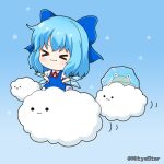  &gt;_&lt; 1girl :3 bangs blue_background blue_bow blue_dress blue_hair bow cirno closed_eyes closed_mouth cloud collared_shirt commentary_request dress eyebrows_visible_through_hair facing_viewer frozen hair_bow ice ice_wings miicha puffy_short_sleeves puffy_sleeves pyonta shirt short_sleeves sleeveless sleeveless_dress snowflakes solid_circle_eyes solo touhou twitter_username white_shirt wings 