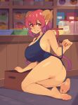  1girl apron ass barefoot black_apron breasts cleavage commentary dragon_girl dragon_horns english_commentary feet horns huge_breasts ilulu_(maidragon) kobayashi-san_chi_no_maidragon long_hair looking_at_viewer low_twintails naked_apron pointy_ears pussy red_eyes red_hair soles solo squeezable_(artist) toes twintails uncensored 