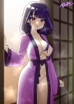  1girl absurdres artist_name bangs blush breasts cleavage clothing_request collarbone commentary dated english_commentary genshin_impact highres large_breasts long_hair long_sleeves looking_at_viewer mole mole_under_eye navel open_mouth purple_eyes purple_hair raiden_shogun ryle sliding_doors solo steaming_body sweat wide_sleeves 