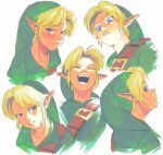  1boy :d bangs blonde_hair blue_eyes blush closed_eyes collarbone cropped_shoulders crying disgust expressions face from_below green_headwear green_shirt laughing light link looking_at_viewer looking_back male_focus multiple_views open_mouth pointy_ears shirt smile tears teeth the_legend_of_zelda the_legend_of_zelda:_ocarina_of_time upper_teeth uzucake v-shaped_eyebrows 