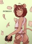  1girl animal_ears antenna_hair ass bangs belt book breasts brown_belt brown_hair caramalatte commentary dark-skinned_female dark_skin english_commentary flying_paper from_behind furry gradient gradient_background green_background grin highleg highleg_leotard highres holding holding_book leotard lock looking_at_viewer looking_back mouse_ears mouse_girl mouse_tail nipples original padlock paper short_hair shorts sideboob sleeveless small_breasts smile solo tail thigh_grab torn_clothes torn_leotard torn_shorts white_leotard 