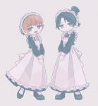  2girls alternate_costume apex_legends apron bangs black_dress black_footwear black_hair blonde_hair blue_eyes cfcult7825 chibi dress enmaided eyebrows_visible_through_hair grey_eyes hair_behind_ear hair_bun hands_together highres maid maid_apron maid_headdress multiple_girls scar scar_on_cheek scar_on_face short_hair smile wattson_(apex_legends) wraith_(apex_legends) 