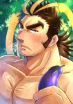  1boy absurdres bara beard blonde_hair blush brown_hair chest_hair eggplant facial_hair green_eyes highres huge_filesize kageru_(mofnyan) long_hair long_sideburns looking_at_viewer male_focus mature_male multicolored_hair muscular muscular_male nude pectorals sexually_suggestive sideburns solo streaked_hair stubble sweatdrop thick_eyebrows tokyo_houkago_summoners upper_body yamasachihiko_(tokyo_houkago_summoners) 