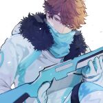  1boy breath brown_eyes brown_hair coat fur_trim gloves gun haikyuu!! highres holding holding_gun holding_weapon hood hood_down looking_to_the_side male_focus mgmg_1012 oikawa_tooru_(haikyuu!!) outdoors scarf short_hair solo weapon winter winter_clothes winter_coat 