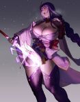  1girl braid braided_ponytail breasts cleavage eu03 genshin_impact gradient gradient_background grey_background highres holding holding_sword holding_weapon large_breasts long_hair looking_away open_mouth purple_eyes purple_hair purple_legwear raiden_shogun solo standing sword thighhighs weapon 
