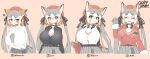  1girl :&lt; :/ :d ^_^ animal_ear_fluff animal_ears arm_between_breasts bangs beige_background belt beret between_breasts black_belt black_ribbon black_shirt blush breasts closed_eyes commentary_request dated dress_shirt extra_ears eyebrows_visible_through_hair facing_viewer fox_ears fox_girl fox_tail fur-trimmed_sleeves fur_trim gloves grey_gloves grey_hair grey_skirt hair_between_eyes hair_ribbon hand_up hat headset highres huge_breasts island_fox_(kemono_friends) jacket kemono_friends long_hair long_sleeves looking_at_viewer multicolored_hair multiple_views necktie open_mouth orange_eyes orange_hair pleated_skirt red_headwear red_jacket ribbon shirt signature simple_background skirt smile squiggle tail translated twintails undershirt very_long_hair vest virtual_youtuber white_hair white_neckwear white_vest wing_collar yoshida_hideyuki 