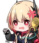  1girl anger_vein banana_(girls&#039;_frontline) blonde_hair chibi girls&#039;_frontline long_hair m4_sopmod_ii_(girls&#039;_frontline) mod3_(girls&#039;_frontline) pointing red_eyes solo very_long_hair zen_juraku 