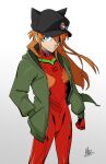  1girl blue_eyes bodysuit eyepatch hat highres hood hooded_jacket jacket m._lee_lunsford multicolored multicolored_bodysuit multicolored_clothes neon_genesis_evangelion orange_bodysuit orange_hair pilot_suit plugsuit rebuild_of_evangelion red_bodysuit skinny solo souryuu_asuka_langley 